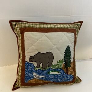 Log cabin theme toss pillow‎ 16x16” bears trout fish